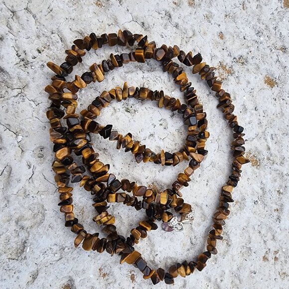 Tiger Eye Bead Chip Necklace With 925 Sterling Silver Clasp - Picture 1 of 5